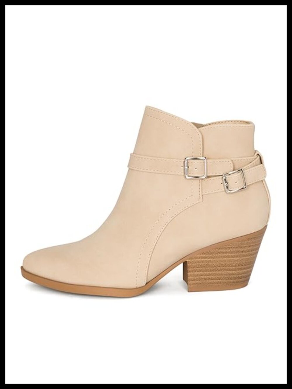 Western Stitch Pointy Toe Double Buckle Wood Stacked Heel Ankle Boots